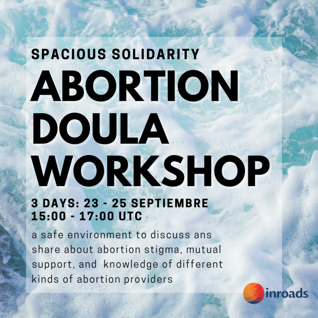 flyer for abortion doula workshop with waves in background. lists date time details. 